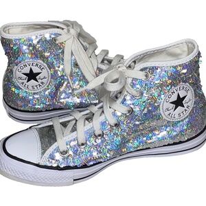 Converse Chuck Taylor All Star Hi Top Silver Sequined Sneakers Womens 7 Wedding